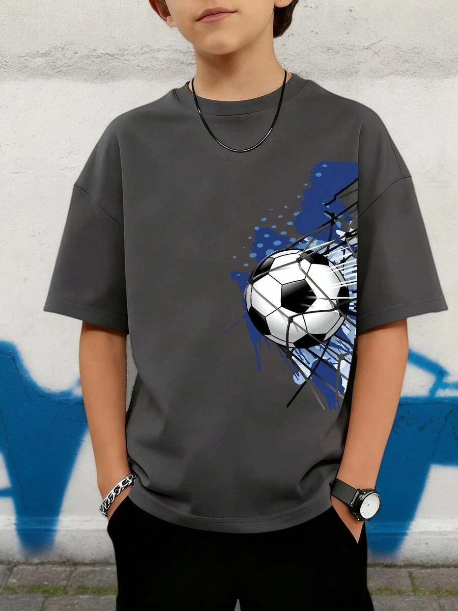 [World Cup] Tween Boy Personalized Football Print Short Sleeve T-Shirt, Student Youth Clothing, Summer Top Prepared For Boys Going To Play - Dark Grey - View 1