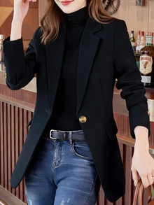 Nueva llegada Chaqueta de blazer negro de corte holgado con botones para mujeres, silueta versátil casual y de oficina para uso diario, primavera y otoño - Negro - Ver 5