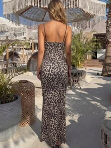 Đầm slip họa tiết da báo thắt nơ gợi cảm thời trang nữ, đầm dài thường ngày, trang phục đi nghỉ hè. - Màu nâu  Mocha - Xem 3