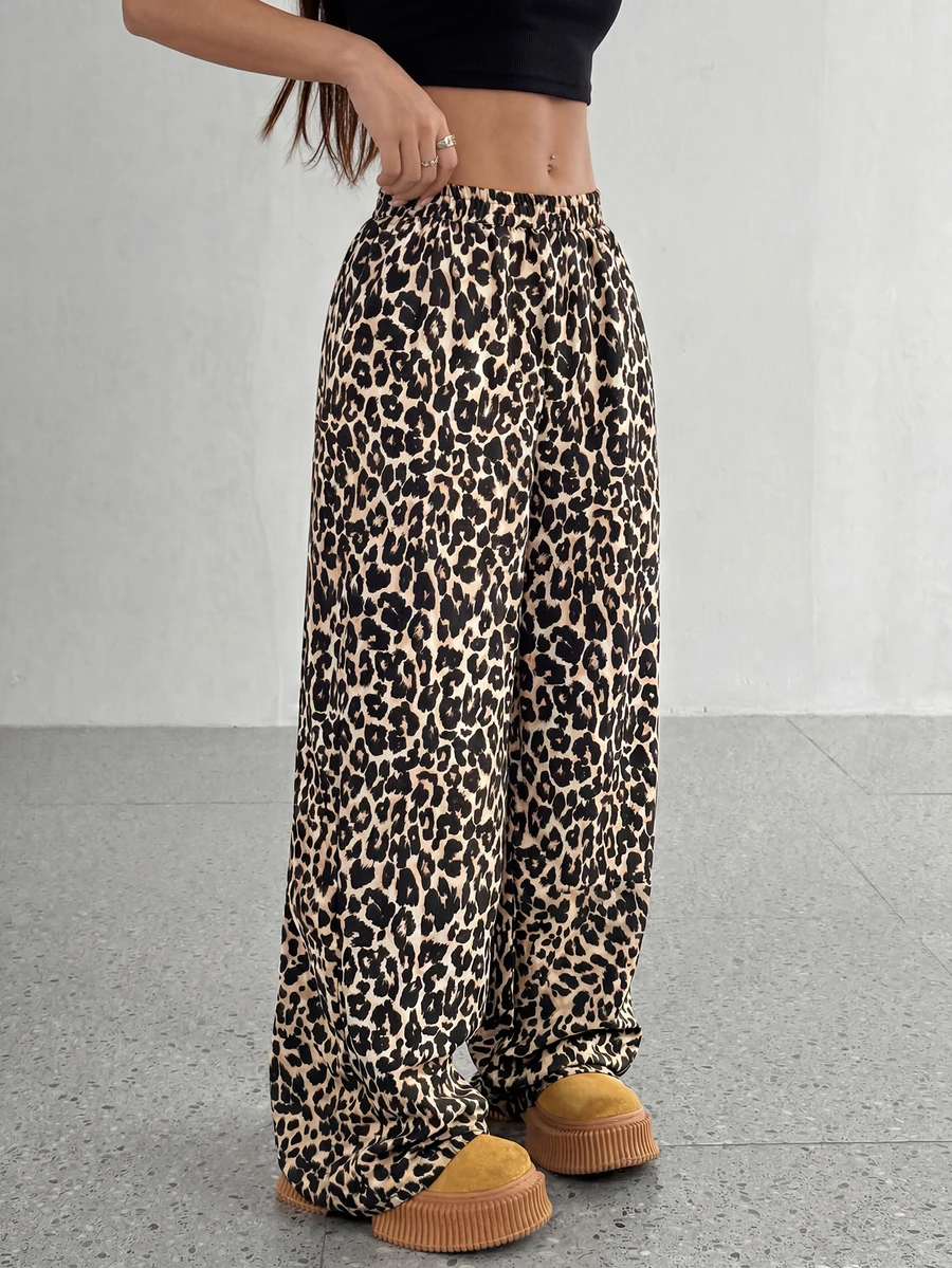 Leopard Print Casual Wide Leg Elastic Waist Loose Pants, Comfortable For Spring, Summer, Autumn - Multicolor - View 1