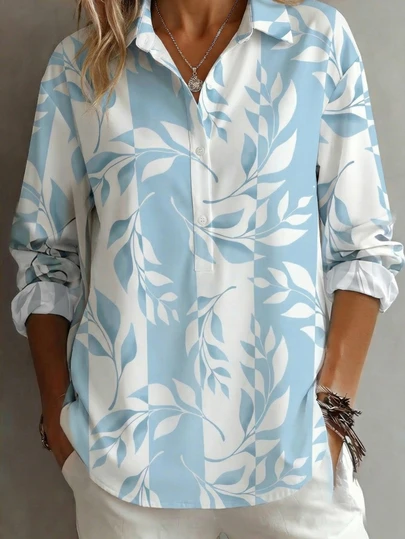 Plus Size Women's Leaf Print Button Front Roll-Up Sleeves Blouse , Casual Top Vacation Spring