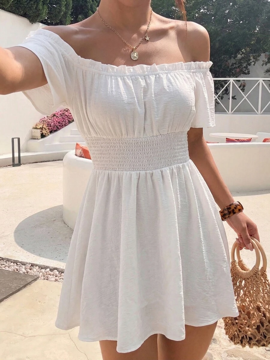 休闲褶裥饰边前扣短袖连衣裙，适合居家穿着，春夏优雅风。 - 白色 - 查看 1