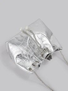 DareSee Bucket Bag Metallic Silver Crocodile Embossed Chain PU, Funky, Punk & Bag For Street Wear - Silver - View 5