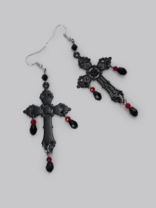 1 Cặp Hoa tai pha lê thủy tinh hình giọt nước và chữ thập phong cách Gothic cổ điển Châu Âu & Mỹ dành cho nữ, đeo hàng ngày - màu đen - Xem 4