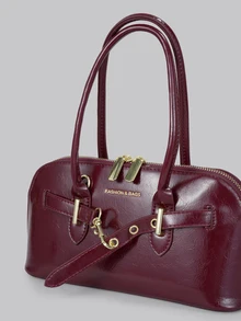 DareSee New Women's Handbag, Vintage Rivet Motorcycle Bag With Pleated Details, Crescent-Shaped Solid Color Shoulder Crossbody Bag, Y2K Style Motorcycle Bag - Burgundy - View 4