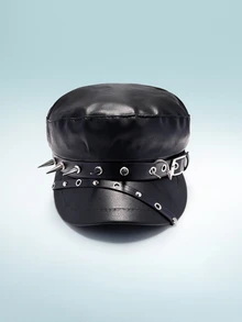 Rollcall 1pc Women's Fashion Rivet Decor Metal Leather Belt Buckle Beret Hat - Black - View 4