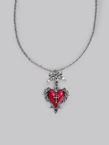 DareSee Vintage Gothic Style Y2K Red Heart & Thorn Pendant Necklace, Stainless Steel Chain Necklace, Y2K Style Necklace For Women Back To School - Silver - View 3