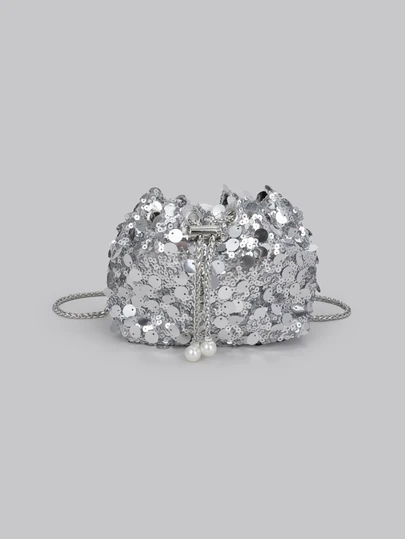 DareSee 1个闪亮金色亮片抽绳PVC肩带，装饰性彩色串珠女士水桶单肩包，时尚礼品，适合搭配派对礼服、毕业礼服、亮片连衣裙、优雅连衣裙