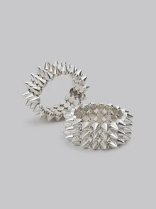 2pcs Punk Style ABS Plastic Rivet Bracelet Couples Set, Women Silver Personalized Rivet Bangle, Suitable For Daily Wear, Party, Music Festival - Silver - View 1