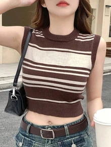 女士棕色条纹针织短款上衣，圆领罗纹毛衣背心，无袖高弹力秋季时尚单品 - 棕色 - 查看 3