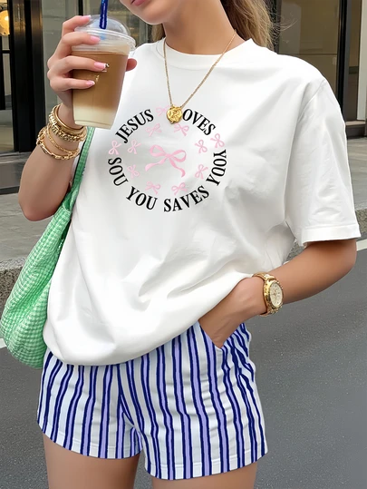 女士夏季短袖T恤，蝴蝶结图案，白色休闲上衣，新品上市