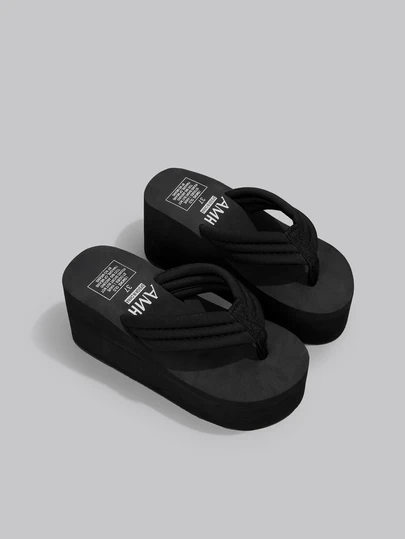 DareSee Women's Black Slip-On Sandals With Tpr Sole, Non-Slip, Wear-Resistant, Leisure, Beach, Summer, With Fabric Straps And Wedge Heels