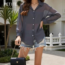 娇小女款薄纱梭织长袖修身轻薄上衣，适合春夏穿着 - 灰色 - 查看 2