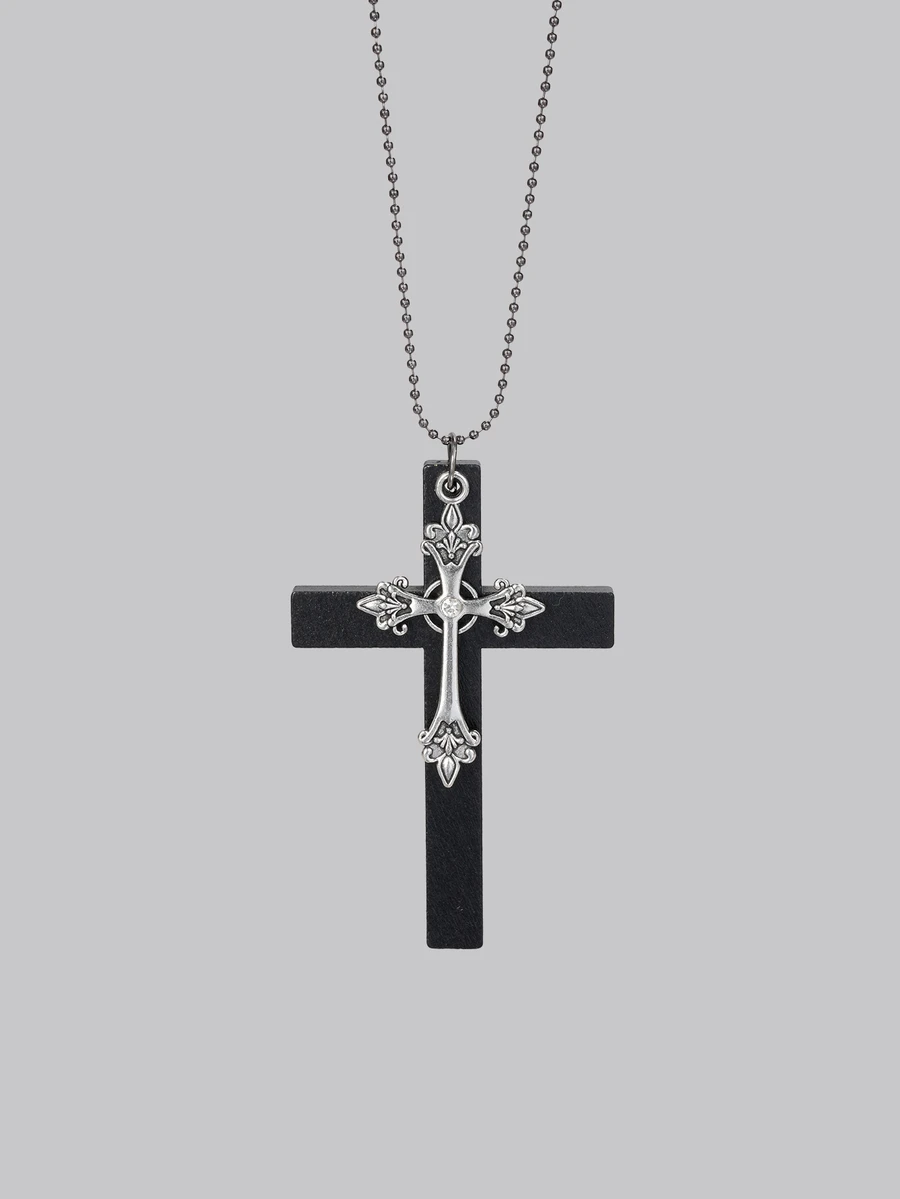 DareSee 1 Stück lange Halskette mit doppellagigem Metall- und Holzkreuz-Anhänger, geeignet für Damen und Herren, kann als Alltagszubehör getragen werden. Es verbindet den Gothic Hip-Hop-Stil mit Y2K-Ästhetik, was es perfekt für den Alltag oder Partys macht. - Diamantenbesetztes Kreuz - Übersicht 1