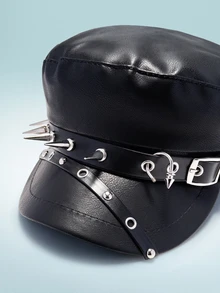 Rollcall 1pc Women's Fashion Rivet Decor Metal Leather Belt Buckle Beret Hat - Black - View 5