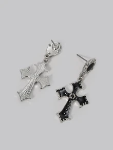 DareSee 1 Pair Gothic Dark Cool Cross Shaped Drop Earrings, Black Color, Suitable For Banquet, Party And Daily Wear Halloween - Black - View 5