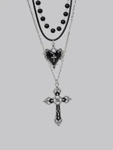 DareSee 3pcs Vintage Gothic Style Black Pearl Flower Heart Cross Necklace Set, Y2K Necklace Jewelry Set For Women - Black - View 4