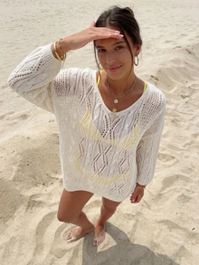 Women's Summer Loose Knit Cover Up, V-Neck Long Sleeve, Mid-Length, Breathable Knit Fabric, Apricot Color, Sweet & Casual, Suitable For Daily Wear, Commute, Beach, Travel Spring - Apricot - View 3