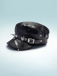 Rollcall 1pc Women's Fashion Rivet Decor Metal Leather Belt Buckle Beret Hat - Black - View 2