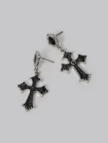 DareSee 1 Pair Gothic Dark Cool Cross Shaped Drop Earrings, Black Color, Suitable For Banquet, Party And Daily Wear Halloween - Black - View 3