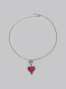 DareSee Vintage Gothic Style Y2K Red Heart & Thorn Pendant Necklace, Stainless Steel Chain Necklace, Y2K Style Necklace For Women Back To School - Silver - View 4