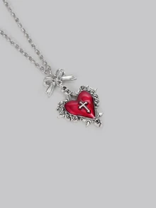 DareSee Vintage Gothic Style Y2K Red Heart & Thorn Pendant Necklace, Stainless Steel Chain Necklace, Y2K Style Necklace For Women Back To School - Silver - View 2