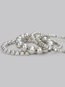 DareSee 5pcs Simple Fashionable Metal Minimalist Beaded Chain Bracelet Set, Suitable For Women, Couples, Neutral, Vacation, Date, Daily, Party, Wedding, Gift For Mom, Friend Back To School - Silver - View 6