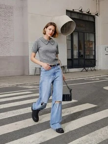 Women's Elegant Outfit, Solid Color Pearl Embellished Short Sleeve Knit Top, Fashionable For Spring/Summer Work And Date - Grey - View 2