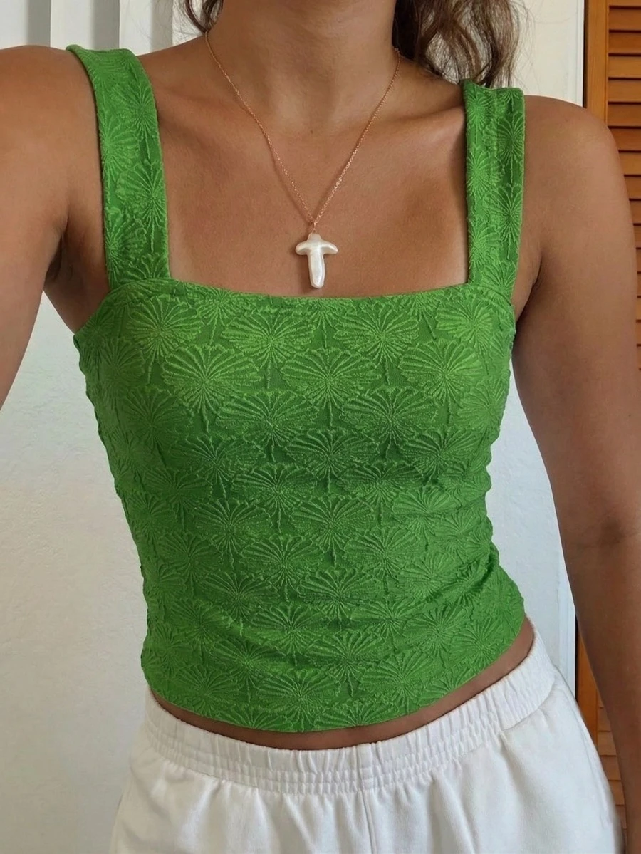 女士性感修身针织方领上衣,白色针织提花纹理面料背心,修身常规夏季女士纯色休闲背心 - 橄欖綠 - 查看 1