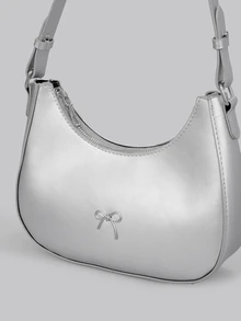 DareSee Bolso de hombro con decoración de lazo minimalista retro de unicolor, adecuado para compras, llevar la cartera, mujeres jóvenes, estudiantes universitarias, principiantes de carrera, trabajadores de cuello blanco. También adecuado para oficina, universidad, trabajo, negocios, desplazamientos, actividades al aire libre, viajes y excursiones. Regreso a la escuela - Plateado - Ver 6