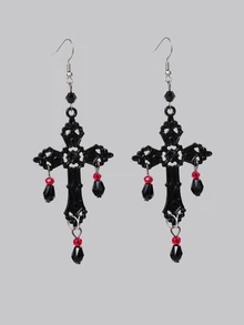1 Cặp Hoa tai pha lê thủy tinh hình giọt nước và chữ thập phong cách Gothic cổ điển Châu Âu & Mỹ dành cho nữ, đeo hàng ngày - màu đen - Xem 5