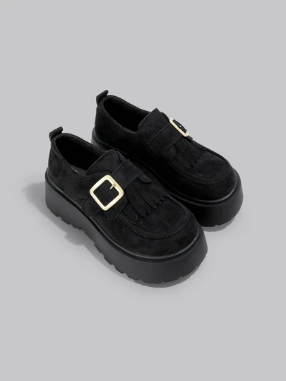 DareSee Women's Black Fringe Platform Loafers, The Most Fashionable This Year, Buckle Fringe Retro British Style Elevator Shoes, Suitable For Music Festivals, Runway, Parties And Daily Wear