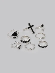 1-8pcs/Set Punk Harajuku Gothic Thorn Black & Silver Asymmetric Heart Cross Open Ring, Vintage 90s Y2K Grunge Accessories For Couples Halloween - Black - View 2