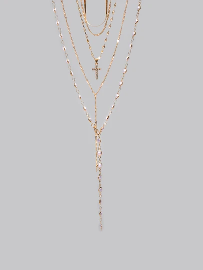 DareSee (Random Faux Pearl Quantity) 5pcs Simple Faux Pearl Cross Multi-Layer Necklace Set, Y-Shaped Chain Long Necklace, Women Sweater Chain, Suitable For Friendship, Summer Vacation, Date, Gift, Casual, Party, Wedding