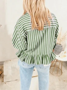 Women's Striped Casual Vacation Button-Front Loose Blouse, Spring/Summer - Olive Green - View 2