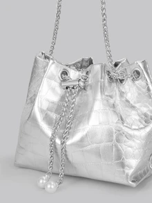 DareSee Bucket Bag Metallic Silver Crocodile Embossed Chain PU, Funky, Punk & Bag For Street Wear - Silver - View 4