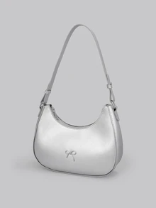 DareSee Bolso de hombro con decoración de lazo minimalista retro de unicolor, adecuado para compras, llevar la cartera, mujeres jóvenes, estudiantes universitarias, principiantes de carrera, trabajadores de cuello blanco. También adecuado para oficina, universidad, trabajo, negocios, desplazamientos, actividades al aire libre, viajes y excursiones. Regreso a la escuela - Plateado - Ver 3