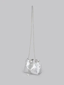 DareSee Bucket Bag Metallic Silver Crocodile Embossed Chain PU, Funky, Punk & Bag For Street Wear - Silver - View 3