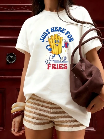 女士休闲卡通印花圆领短袖T恤，夏季