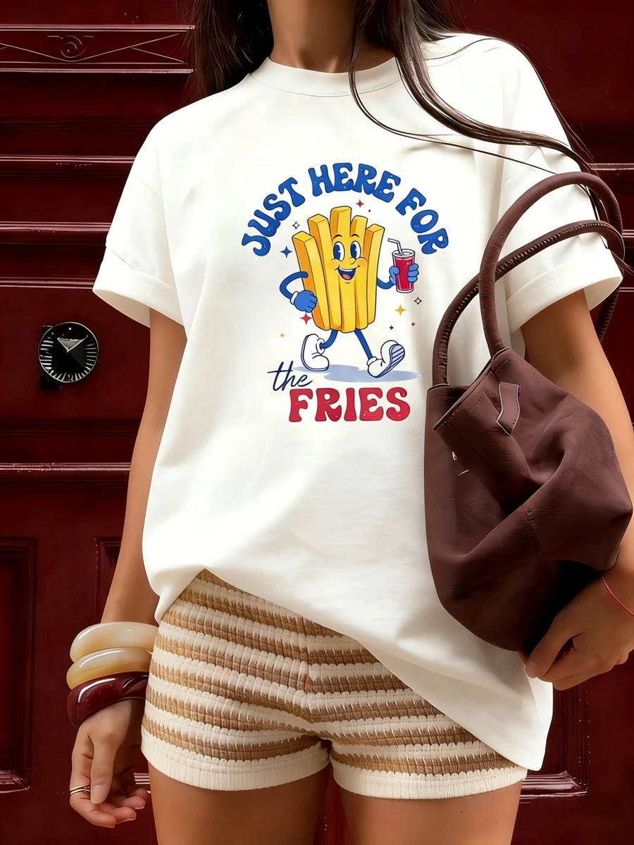 Áo thun nữ tay ngắn cổ tròn in hình hoạt hình, kiểu dáng thường ngày, thích hợp cho mùa hè. - trắng - Xem 1