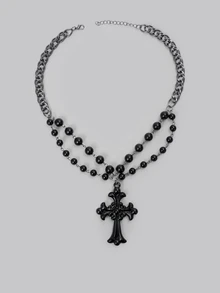 1pc Goth Style Dark Cross Pendant Necklace, Fashion Jewelry Suitable For Party, Halloween And Daily Wear - Black - View 3