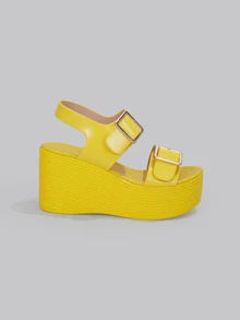 DareSee Women's Platform Open Toe Wedge Sandals, Shiny Yellow Fashionable Versatile Thick Sole Anti-Slip Peep-Toe Summer High Heels - Yellow - View 5