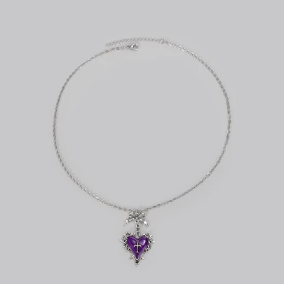 DareSee Gothic Y2K Subculture Purple Heart Bow Thorn Pendant Necklace, Unique Design Collarbone Necklace