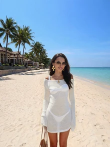 Vacation Beach Solid Color Knit Fitted Mini Cover-Up Dress White Summer - White - View 5