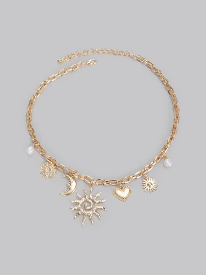 1pc Fashionable Retro Punk Sun, Heart, Moon Mixed Pendant Necklace With Faux Pearl, Suitable For Party, Daily Wear, Gatherings, Women's Gift