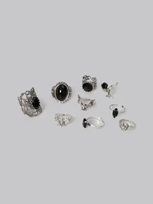 DareSee 9pcs Vintage Silver Gothic Black Rose Bat Heart Design Vampire Stackable Rings Set, Suitable For Women, Valentine's Day, Mother's Day Gift Back To School - Black - View 2