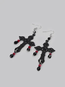 1 Cặp Hoa tai pha lê thủy tinh hình giọt nước và chữ thập phong cách Gothic cổ điển Châu Âu & Mỹ dành cho nữ, đeo hàng ngày - màu đen - Xem 6