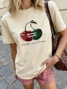 Áo thun ngắn tay in hình quả anh đào dành cho nữ, trang phục mùa hè mới về. - Màu be - Xem 1