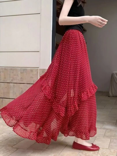 夏季红色波点不对称A字裙，荷叶边裙摆，适合日常和度假穿着