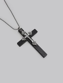 DareSee 1 Stück lange Halskette mit doppellagigem Metall- und Holzkreuz-Anhänger, geeignet für Damen und Herren, kann als Alltagszubehör getragen werden. Es verbindet den Gothic Hip-Hop-Stil mit Y2K-Ästhetik, was es perfekt für den Alltag oder Partys macht. - Diamantenbesetztes Kreuz - Übersicht 2